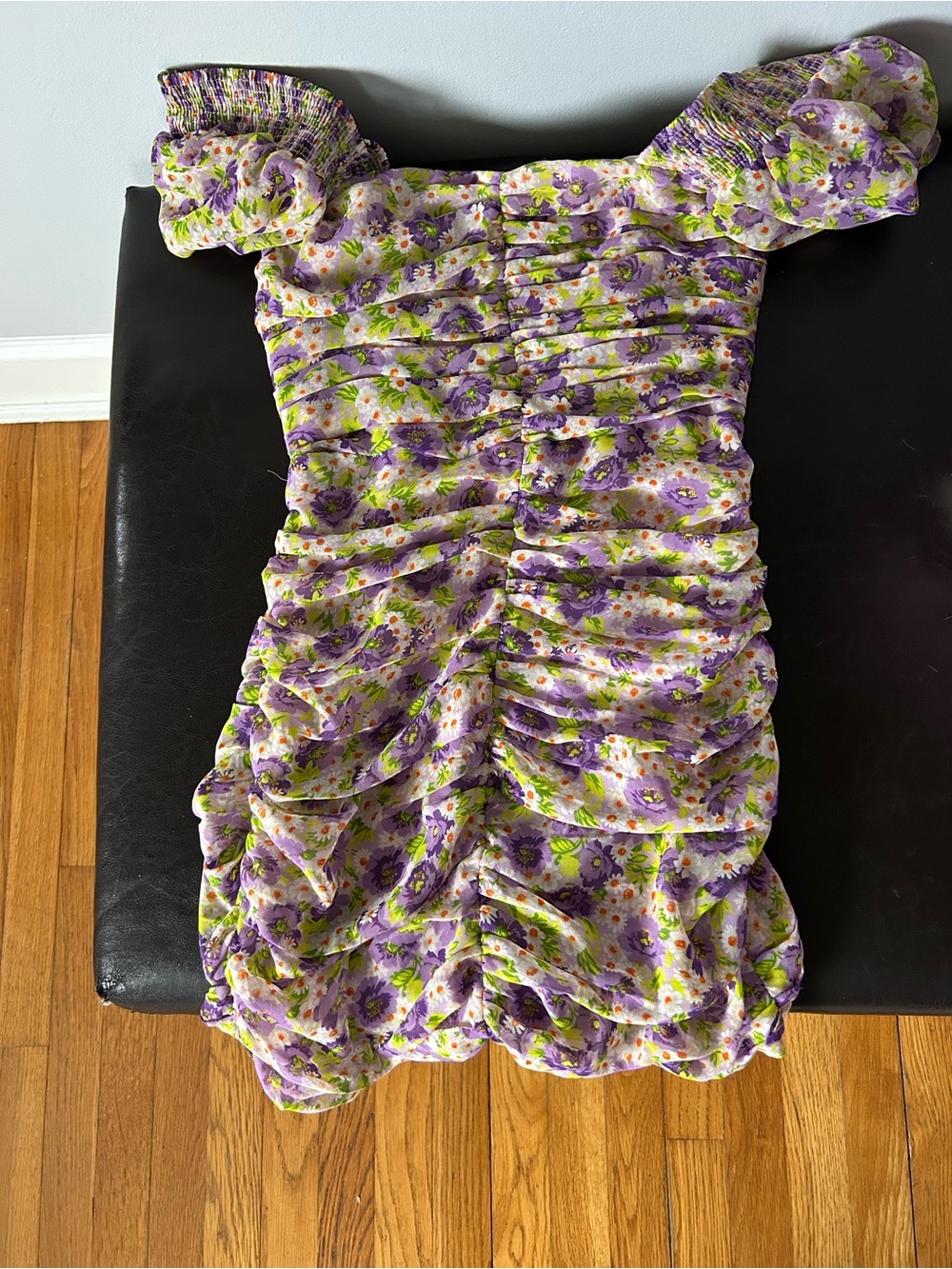 Zara Lavender Floral Ruched Off-Shoulder Mini Dress